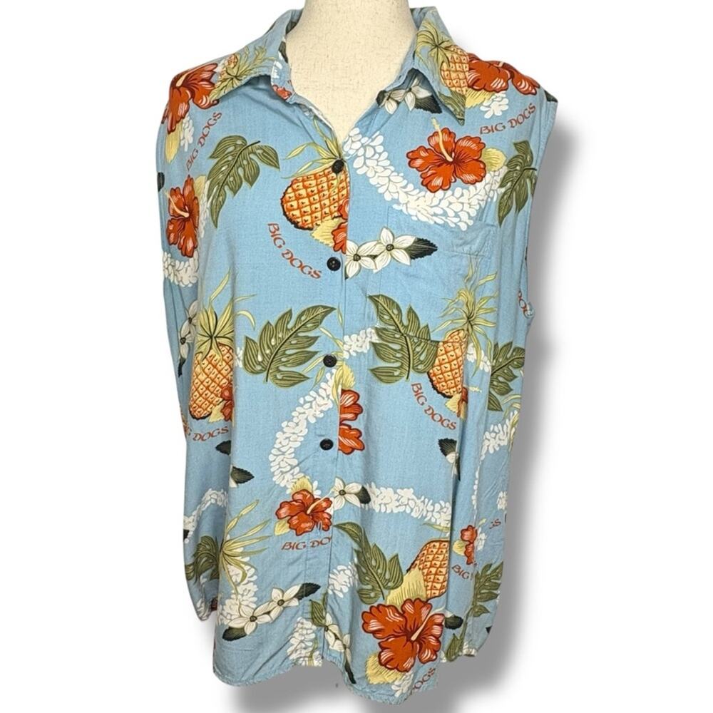 Vintage 1990s Big Dogs Hawaiian Print Button Front Collar Sleeveless Top Size XL